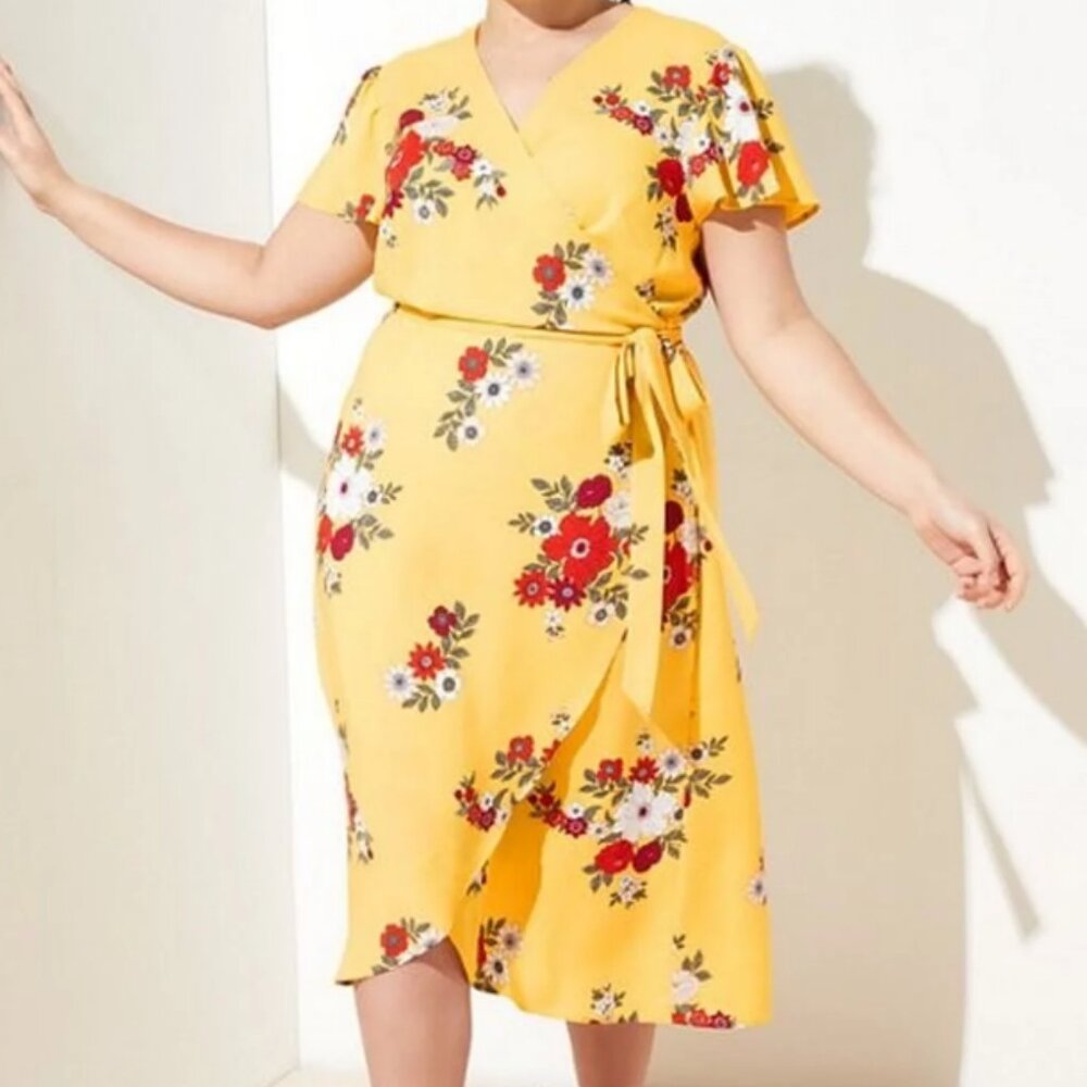 NWT Loft Womens Plus Floral Flutter Wrap Belted Dress Sz 16 MSRP $90